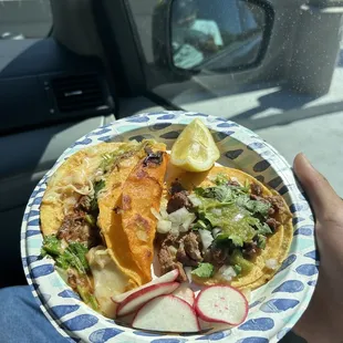 Quesabirria tacos (res) and carne taco.