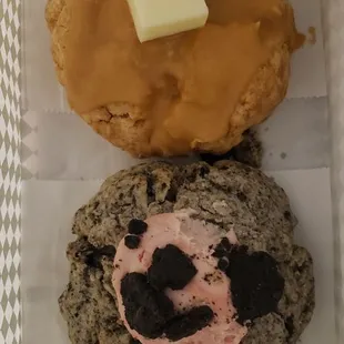 Salted caramel scone, Oreo strawberry cream scone (top to bottom)