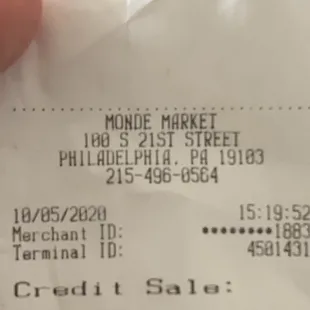 a receipt for a credit card