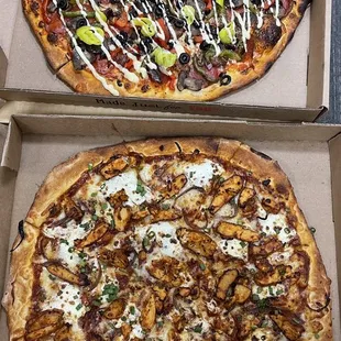 Supreme Pizza and BBQ Chicken Pizza
