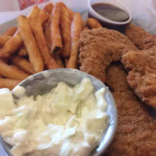 Chicken strips, fries, and coleslaw!