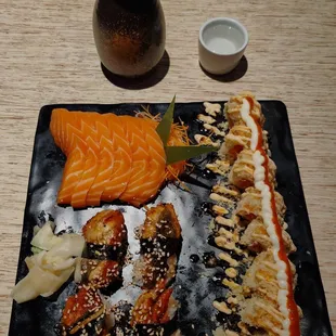 Sake, unagi, and a roll (I don&apos;t remember which)