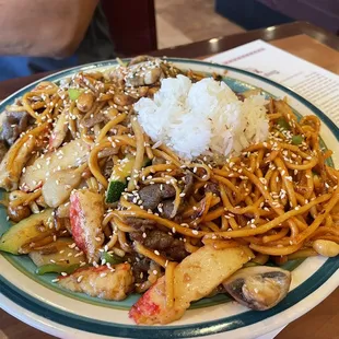 a plate of noodles with meat and vegetables