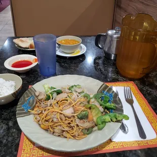 Soup, tea, pocket sesame bread &amp; egg roll, white rice, and 1st plate of the night