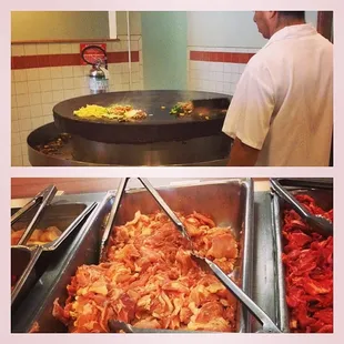 a man preparing food at a buffet