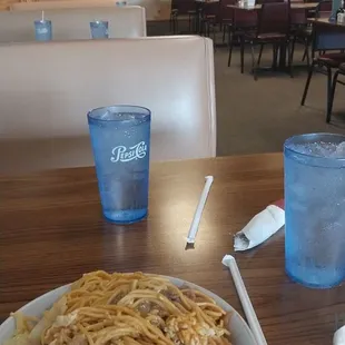 Noodles with pork, chicken, beef.