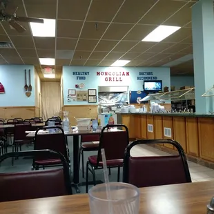 a view of a restaurant with tables and chairs