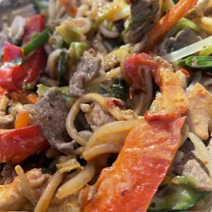 Stir fried beef, chicken, veggies &amp; noodles with peanut &amp; hot &amp; sour sauce