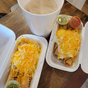 Three rolled Tacos &amp; Horchata (I drank some couldn&apos;t wait)