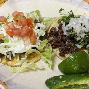 Steak tostada and Barbacoa taco. Delish!