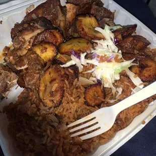 Jollof rice, grilled chicken, plantains