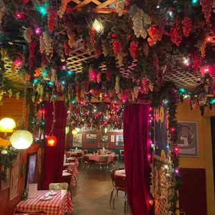 a restaurant decorated for christmas