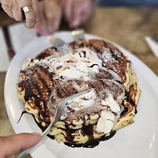 Chocolate Chip pancakes are the order to get ! We dived in