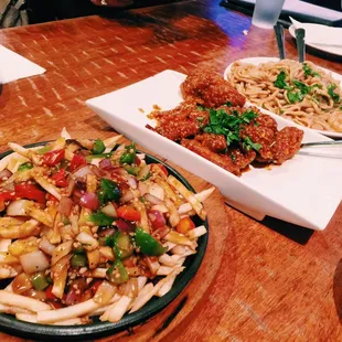 (L-R) disco fries, Korean wings, garlic noodles