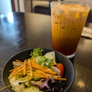 Salad and Thai iced tea