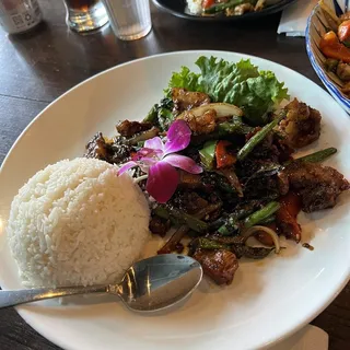 Spicy Basil with Crispy Pork Belly over Rice