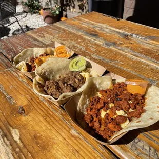 Breakfast tacos: Chorizo, Birria, &amp; Pastor