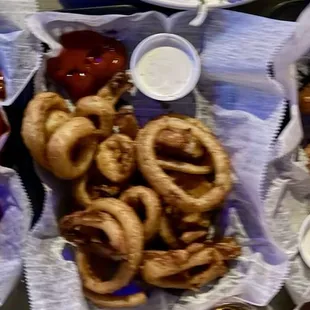 Wings, all flats, bipi, retossed in honey siracha! Onion rings with ranch, Boom, Boom Shrimp!