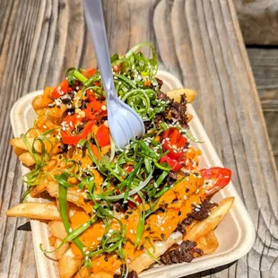 a plate of fries with a fork