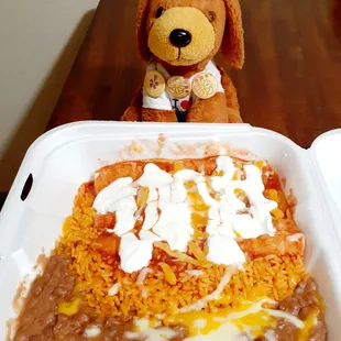 Cheese enchiladas, beans and rice