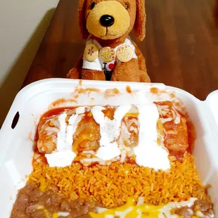 Carne asada wet burrito, beans and rice