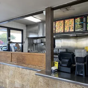 a view of a restaurant counter