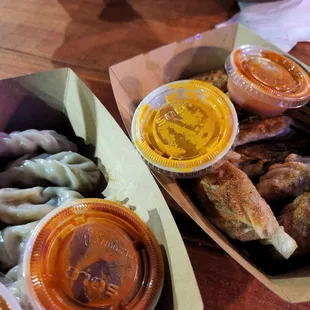 One steamed and one jhol momos, both vegan, both excellent.