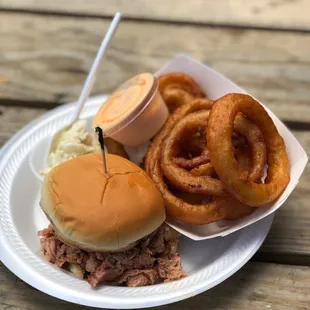 Pulled Pork BBQ with onion rings