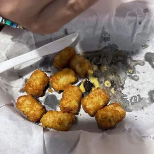 The tots that we got with our burger. I'm not expecting a whole basket, but ordered two and they split it in half.