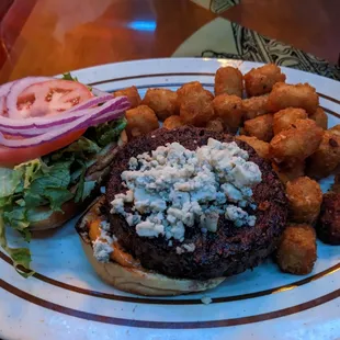 Black and bleu burger with tots - very good!