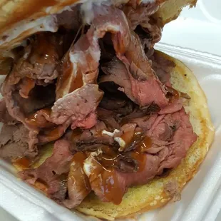 Large famous monks roast beef sandwich.