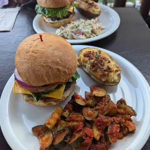 My bison burger plate with 2 sides is in the foreground.