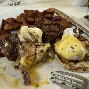 Bacon wrapped steaks and Porched eggs