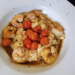 Chorizo Glazed Shrimp and Pimento Cheese Grits