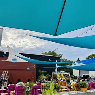 Pallet seating areas covered for shade