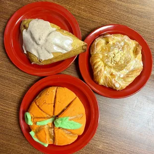 Pumpkin scone, apple danish, concha (decorated like a pumpkin!)