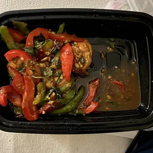 Spicy Basil Pad Kra Pow shrimp... super tiny portion!!! That&apos;s the entire meal