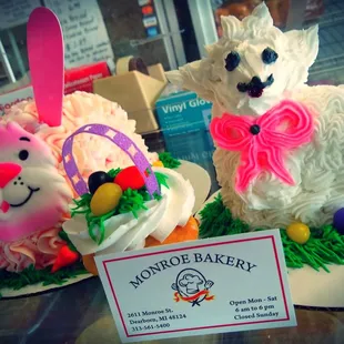 two decorated easter bunnies on display