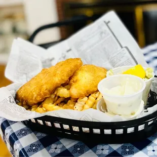 Fish &amp; Chips with a side of coleslaw and tartar sauce