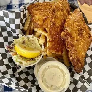 3 piece Fish and Chips (Cajun style) and coleslaw.