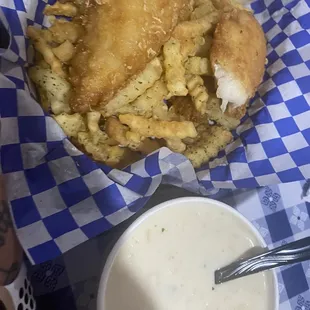 Fish n chips with clam chowder