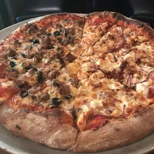 Split pizza (14-inch), Classic Combo in left and BBQ chicken on the right.