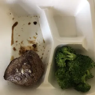 6oz filet with a side of broccoli. At first I thought how small the filet was but it was enough.