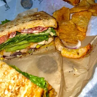 Chicken chipotle sandwich added avocado and bacon with BBQ Chips