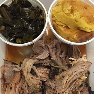 Pulled pork with Carolina sauce paired with collards and corn bread soufflé