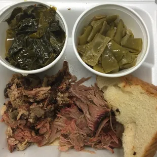 Pulled pork and Carolina pork with green beans and collard greens