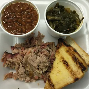 Pulled pork with collards and baked beans