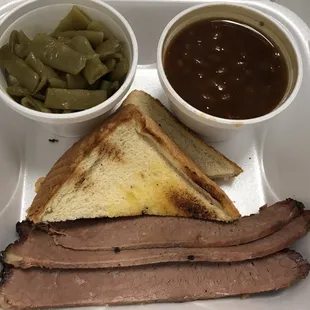 Beef brisket with green beans and baked beans