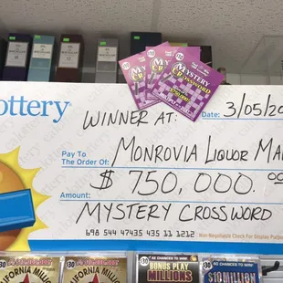 Winner at 3/05/2019                    In Monrovia liquor mart            Jackpot $750 000.00
