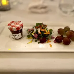 Vegan Alternative to the cheese plate, Fig Preserves Microgreens, Grapes &amp; Walnut Bread on the side